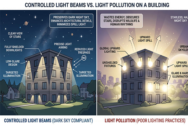 An illustration showing controlled light beams on a building versus light pollution